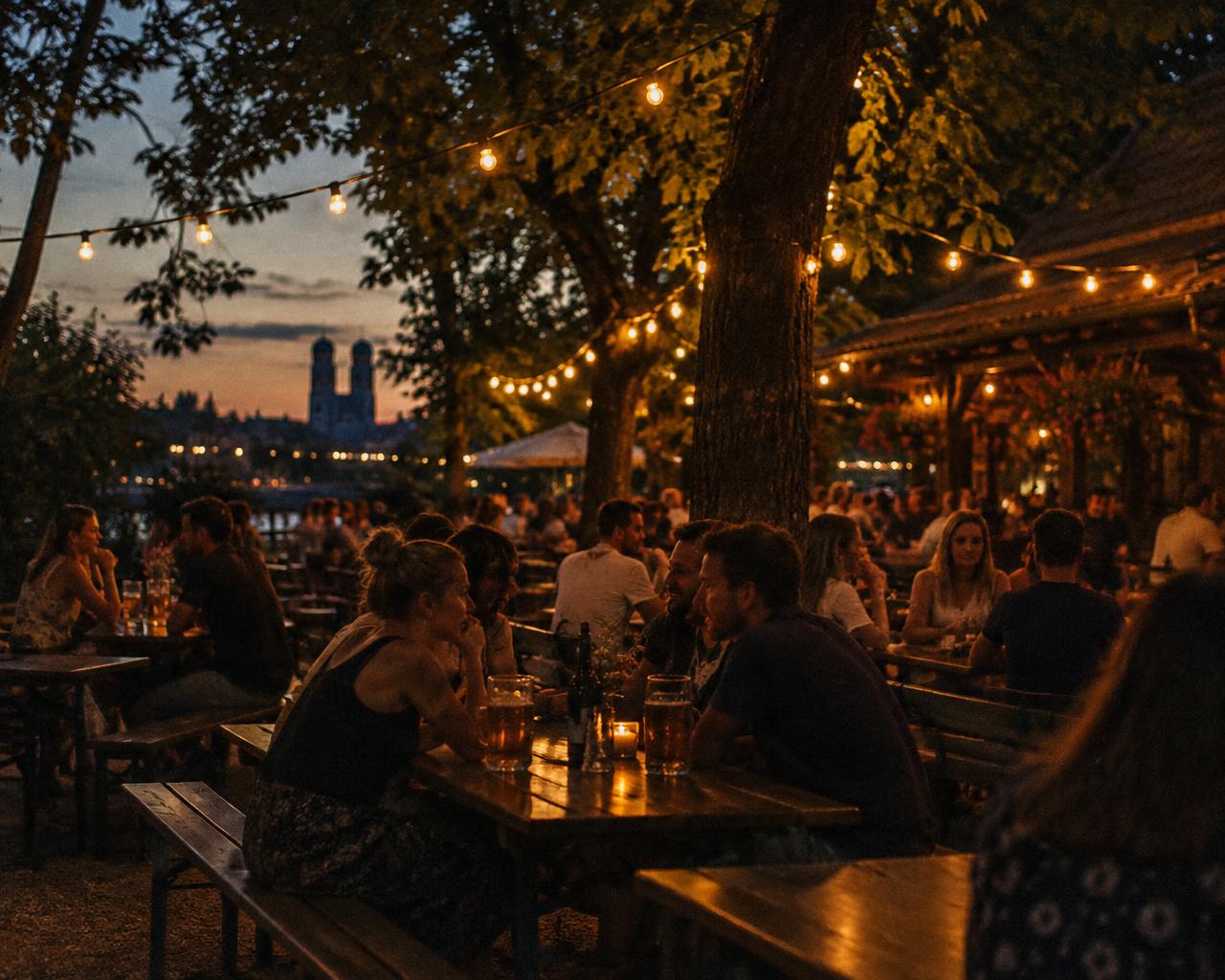 Biergarten am Abend unter Lichterketten